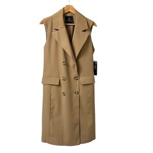 Bagatelle tan sand long button up double breasted sleeveless vest blazer dress S